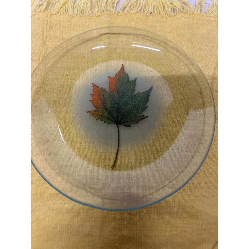 Fall Leaves Luncheon Plates‎ Clear Glass with Applique Leaves 5 Plates - Picture 3 of 6